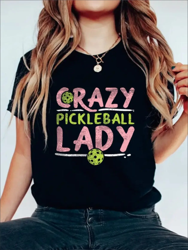 Graphic Print Solid T-Shirt, Crazy Pickleball Lady Crew Neck Short Sleeve Casual Top For Summer & Spring, Women's Clothing