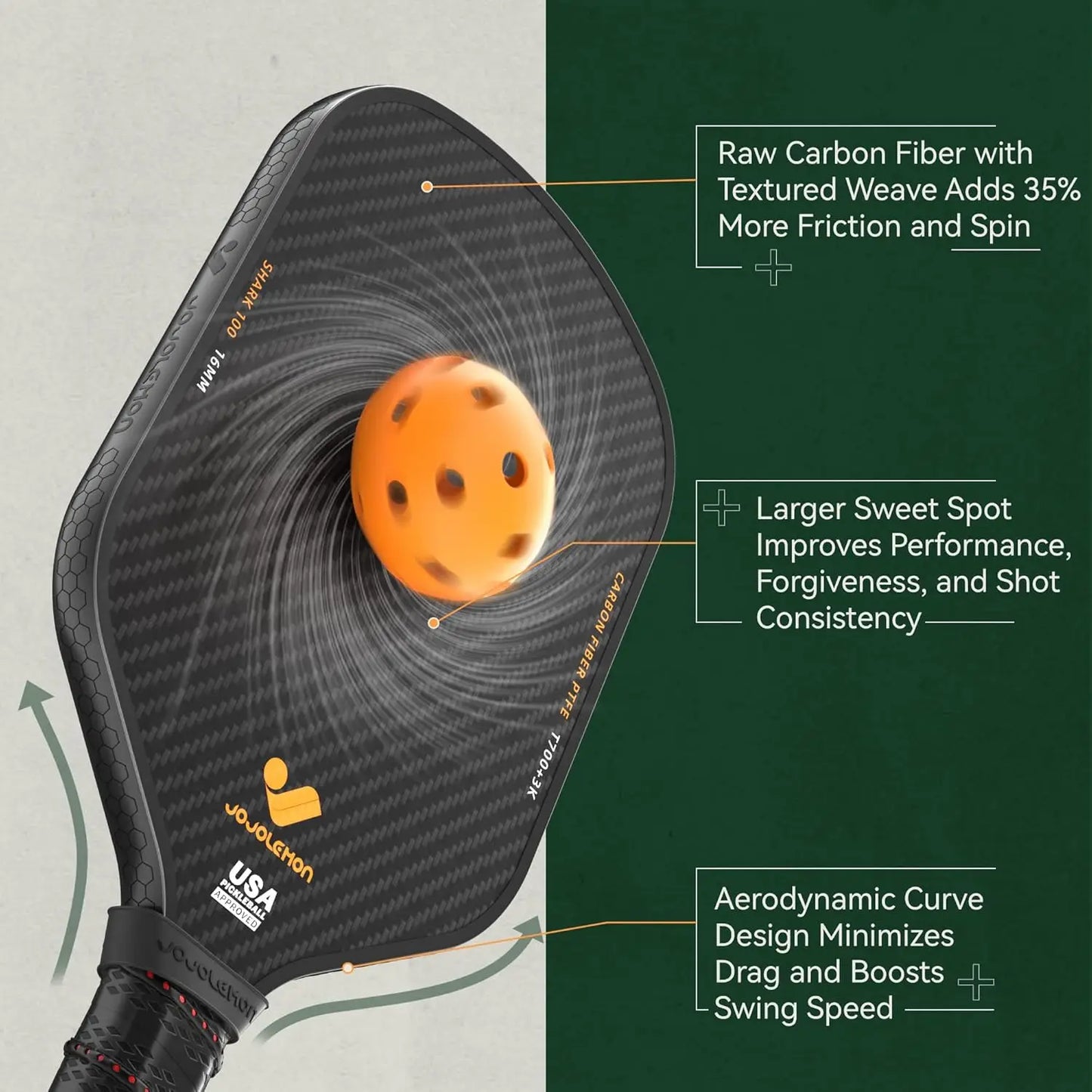 Premium Carbon Fiber Pickleball Paddle with a 16mm Shark Power Polymer Core