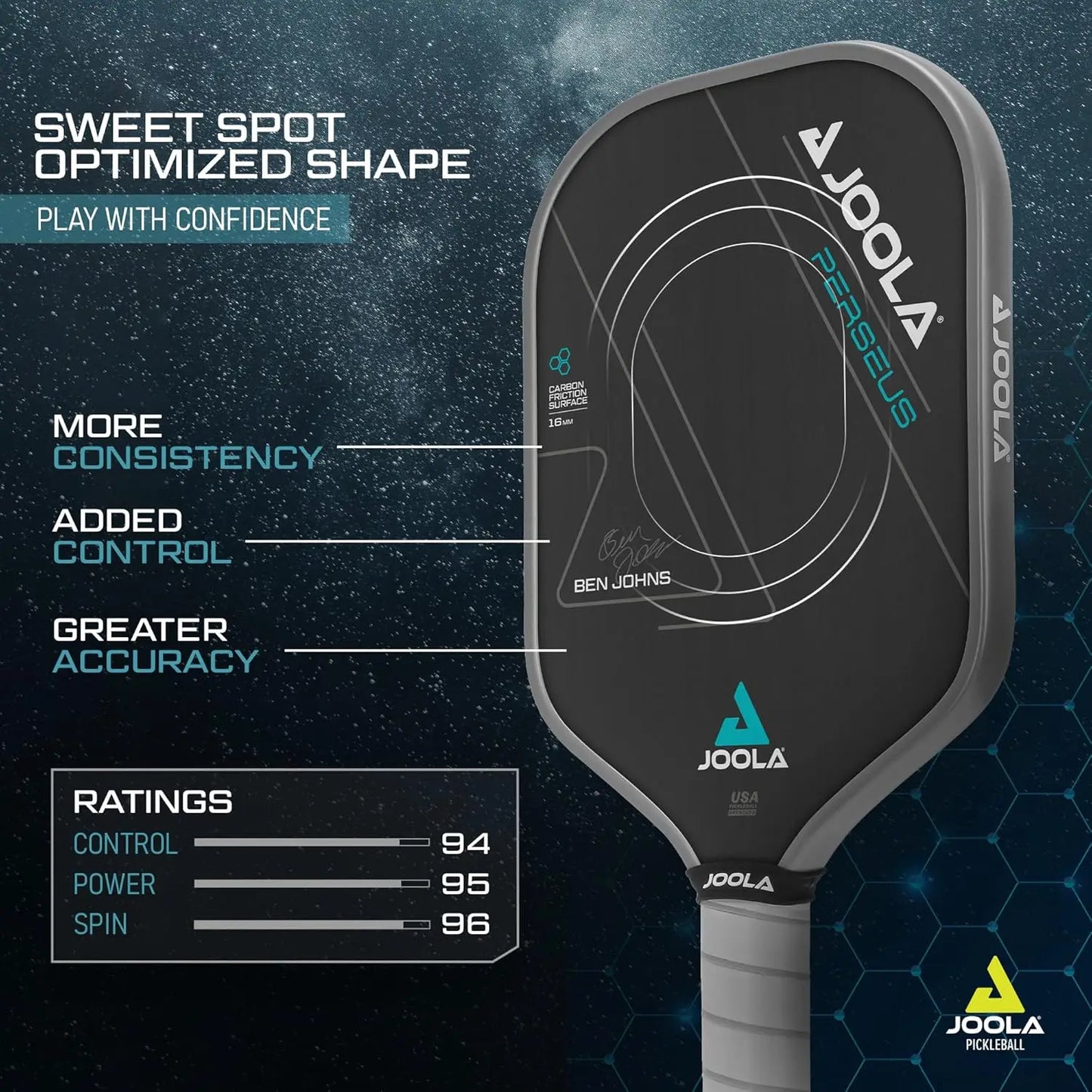 Ben Johns Perseus Pickleball Paddle with Charged Surface Technology for Increased Power & Feel - Fully Encased Carbon Fiber