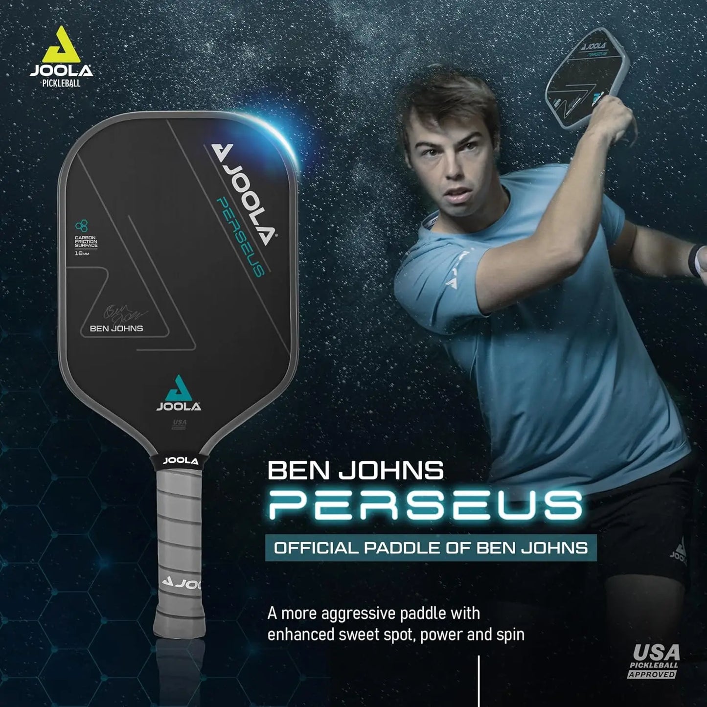 Ben Johns Perseus Pickleball Paddle with Charged Surface Technology for Increased Power & Feel - Fully Encased Carbon Fiber