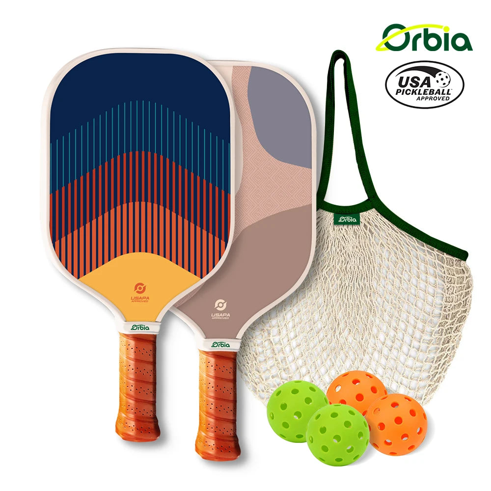 Orbia Sports Pickleball Paddles Set 2 Paddles 4 Pickleballs and Carry Net Bag UV Printing Glass Fiber Paddles