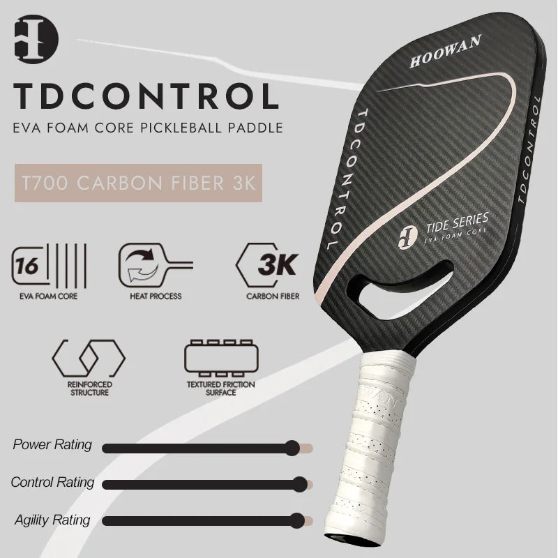 HOOWAN TDCONTROL Pickleball Paddle Tide Series EVA Foam Core 16MM Thermoformed Pickleball Racket Paddle T700 Carbon Fiber 3K